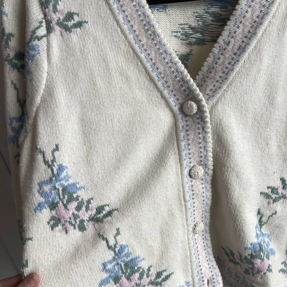 Love Shack Fancy Floral Knit Cardigan Sweater - White and Blue - Picture 6 of 8